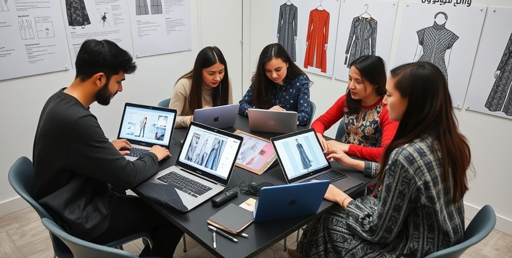 A dynamic teamwork setting of young Iranian fashion designers collaborating around laptops and tablets, reviewing digital mood boards, pattern prototypes on screens, and brainstorming futuristic clothing concepts with Persian calligraphy elements.