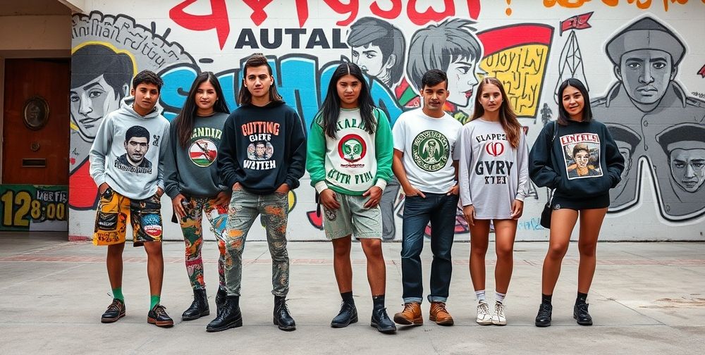 A group of Iranian youth pose in a modern urban setting, each sporting unique conceptual fashion pieces with symbolic prints, slogans, and recycled materials; wall murals in the background reflect Iranian cultural motifs mingled with global pop-art.