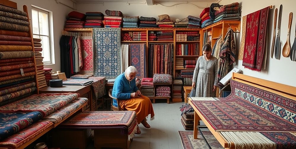 Inside an artisan workshop, elderly Persian craftswomen weaving traditional colorful carpets, surrounded by shelves of patterned textiles and tools, showing the connection between heritage and the evolving fashion industry.
