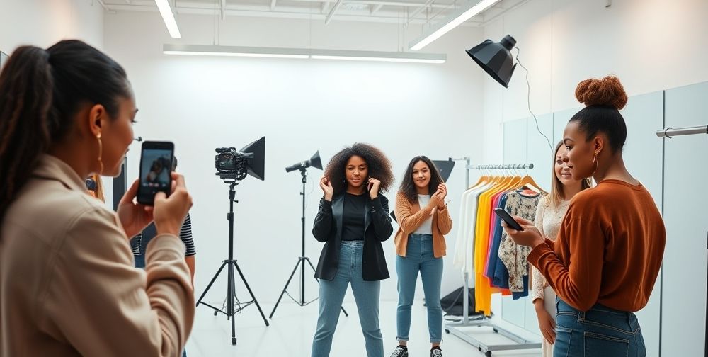 A bright, modern fashion studio featuring young diverse influencers taking photos and filming makeup tutorials, with sleek lighting, colorful clothing racks, and the latest tech devices.
