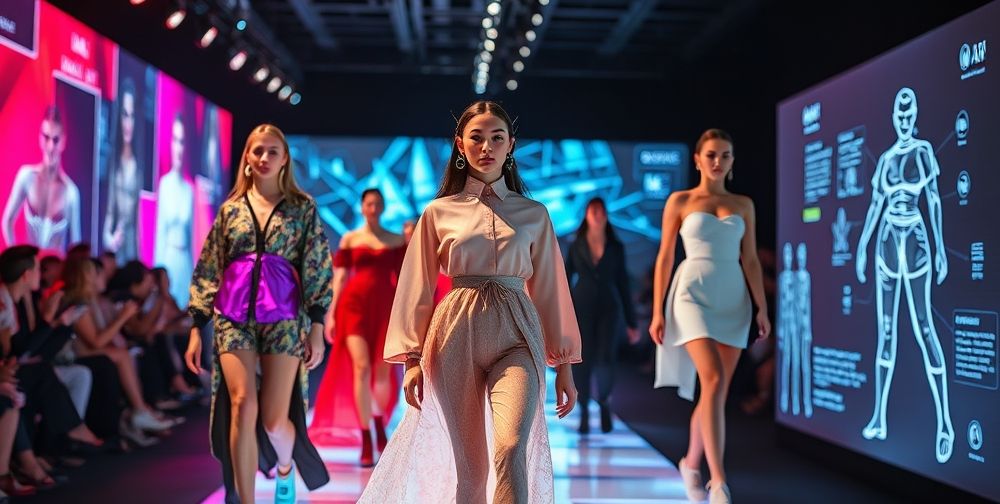 A futuristic runway with models wearing smart, sustainable outfits, holographic accessories, and digital displays showing eco-friendly materials and AI-powered fashion sketches.