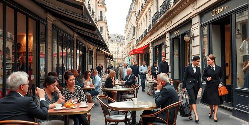 A lively open-air Parisian café with patrons enjoying croissants and coffee, waiters in classic black and white attire, and fashionable pedestrians passing by stylish boutiques.