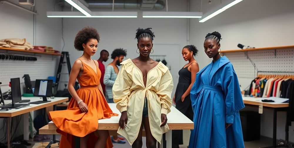 A contemporary fashion studio where diverse young designers are working with digital tools, bold fabrics, and sustainable materials, capturing the spirit of modern conceptual fashion and cultural fusion.