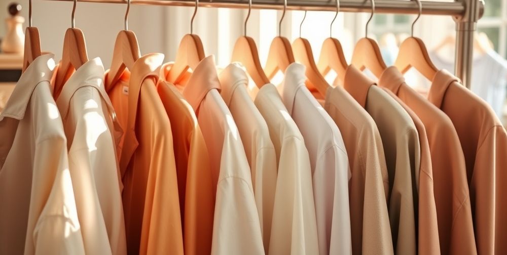 Close-up view of spring wardrobe: neatly arranged pastel shirts and jackets on wooden hangers in a boutique, sunlight streaming through a window, highlighting gentle color gradations and fabrics, conveying a sense of calm and freshness.