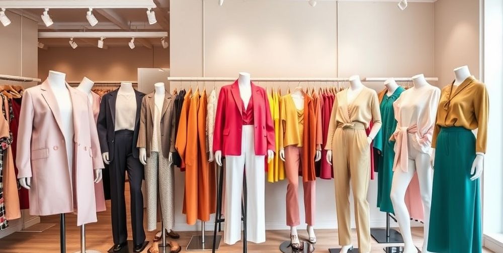 A modern boutique with mannequins displaying a range of women’s outfits in varying color palettes, from soft neutrals to bold jewel tones, highlighted under professional lighting for a fashion-forward ambiance.