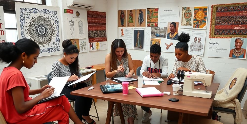 A creative fashion workshop in an urban studio, with young designers from diverse cultural backgrounds working together, sketching, sewing, and discussing, surrounded by moodboards featuring Persian calligraphy, African textiles, and digital innovation concepts.