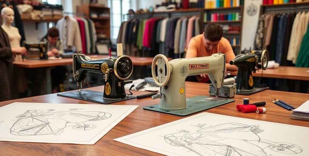 Close-up of haute couture sewing workshop in Paris: artisans hand-stitch luxurious fabrics, vintage sewing machines, spools of colorful thread, and intricate sketches on wooden tables.