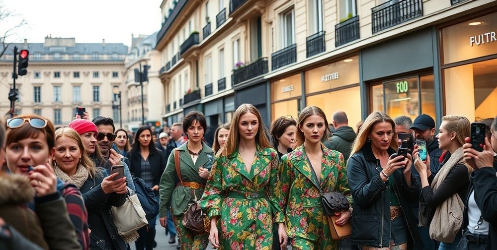 A bustling Paris Fashion Week street scene in 2025, featuring diverse models, eco-friendly designer outfits, flashing cameras, and fans capturing vibrant moments on their smartphones.