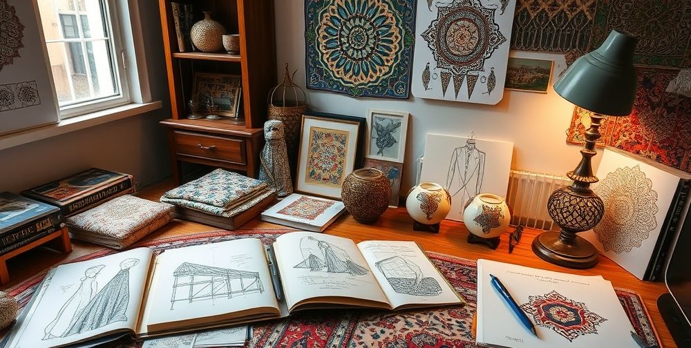 An artistic workspace of an Iranian fashion designer, with sketchbooks opened to conceptual drawings, fabric swatches in traditional patterns, recycled materials, and digital design tools. Warm light and Persian décor complete the creative atmosphere.