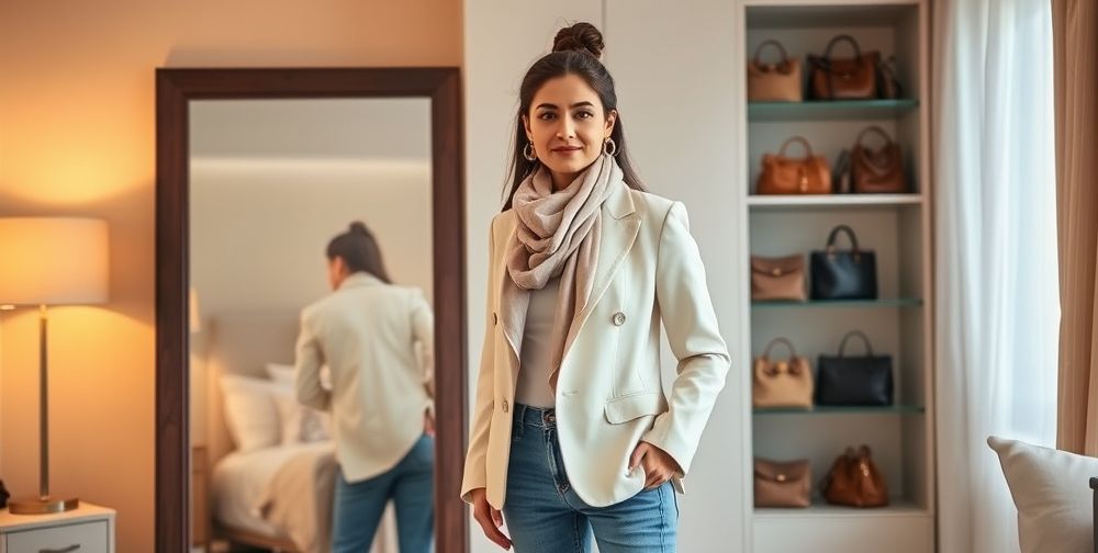 An Iranian woman standing in front of a full-length mirror in a softly lit bedroom, trying on a pastel-colored blazer with casual jeans and accessorized with a silk scarf, jewelry, and various handbags neatly displayed on shelves in the background.