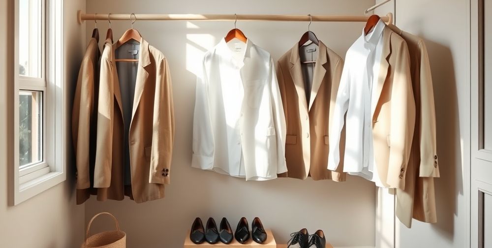 A cozy, minimalist home wardrobe space with well-organized neutral blazers, white shirts, and elegant shoes. Subtle sunlight creates soft shadows, inspiring personal care and modern lifestyle.