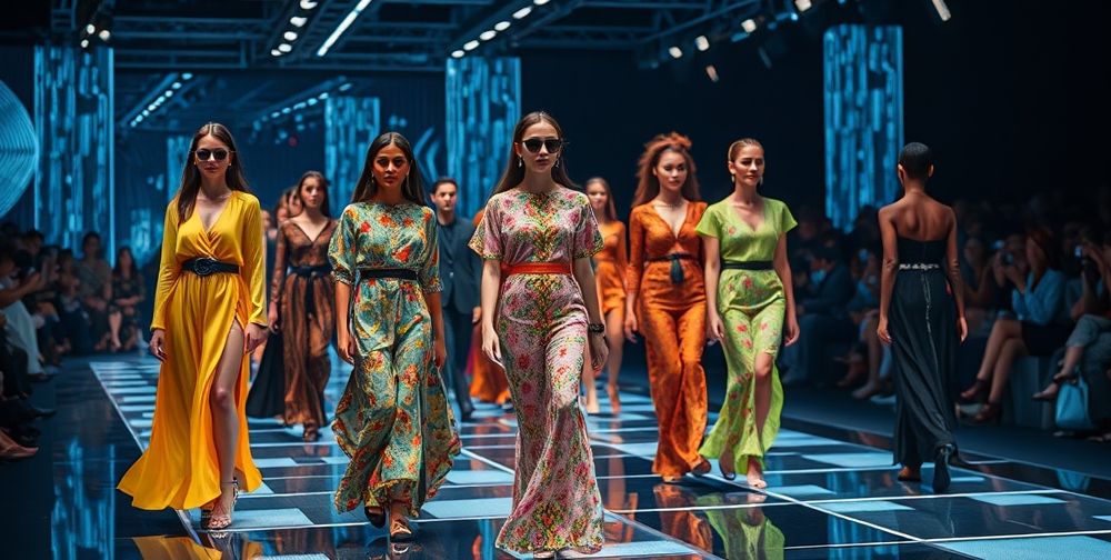 A futuristic digital fashion runway blending virtual reality elements, diverse models with unique cultural styles, and eco-friendly materials, illuminated by modern lighting to symbolize the fusion of technology and sustainability.