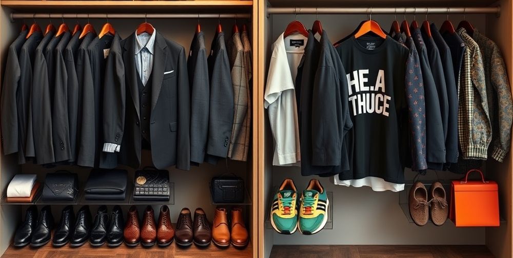 A split wardrobe view: one side neatly organized with classic suits, pressed shirts, and leather shoes; the other featuring vibrant sneakers, graphic T-shirts, patterned jackets, and bold accessories—emphasizing the diversity and accessibility between classic and modern styles.