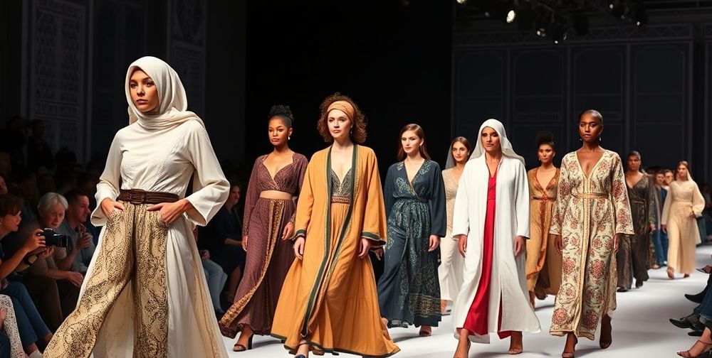 A fashion runway show with models of all skin colors wearing a mix of traditional Middle Eastern garments and modern Western styles, photographers capturing the moment, audience of all ages watching intently. The set design seamlessly blends ancient motifs with futuristic lighting, emphasizing the dialogue between heritage and modernity in fashion.