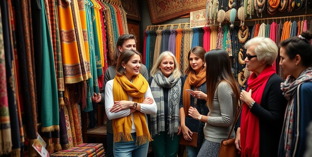 A vibrant shop scene showing Persian textiles, colorful scarves, and stylish accessories with people discussing their choices, radiating confidence and self-expression.