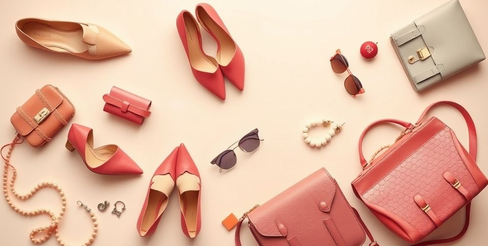 A stylish flat lay of shoes, handbags, and accessories in trendy complementary colors, artfully arranged on a pastel background. The items should reflect everyday fashion and seasonal trends.