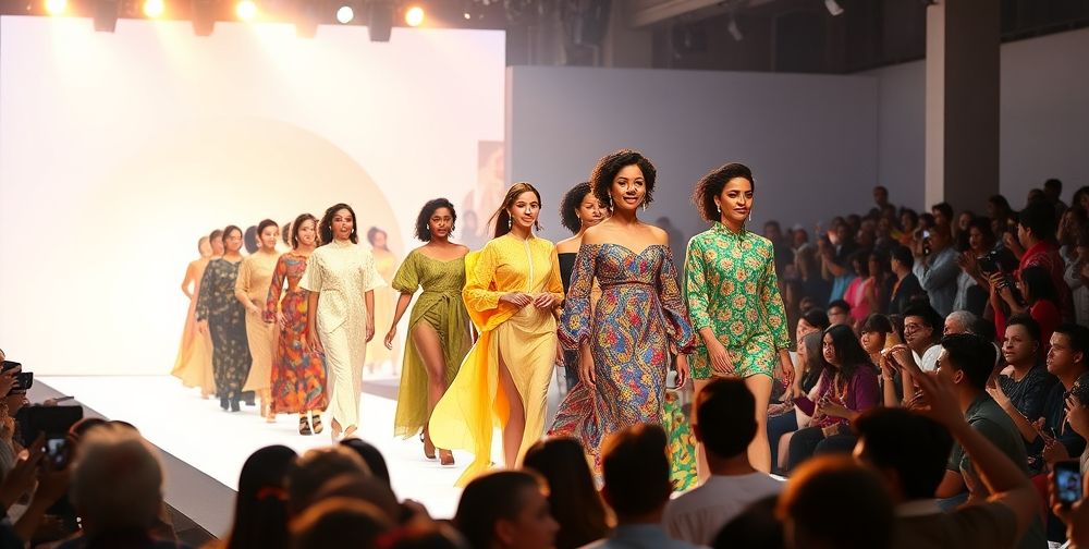 A bustling fashion show runway filled with models of various ethnicities—some in traditional attire with modern cuts, others in hybrid outfits mixing local patterns and global silhouettes. The lights illuminate a multicultural audience, emphasizing fusion.