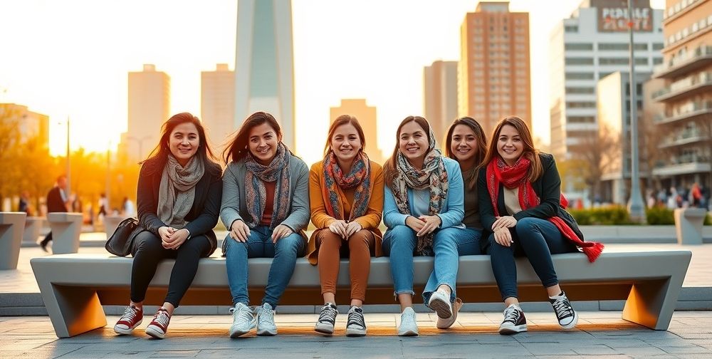 Young Iranian women and men smiling as they express their individual fashion using a mix of Western and traditional elements—like sneakers with Persian-patterned scarves—while sitting on modern benches in a bustling urban park at sunset.