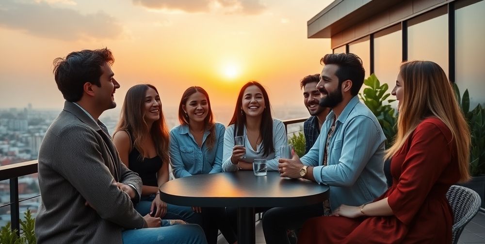 A joyful gathering of stylish young Iranians at a modern rooftop cafe, dressed in elegant casual modern outfits, sharing smiles, and interacting confidently while surrounded by greenery and sunset city views.