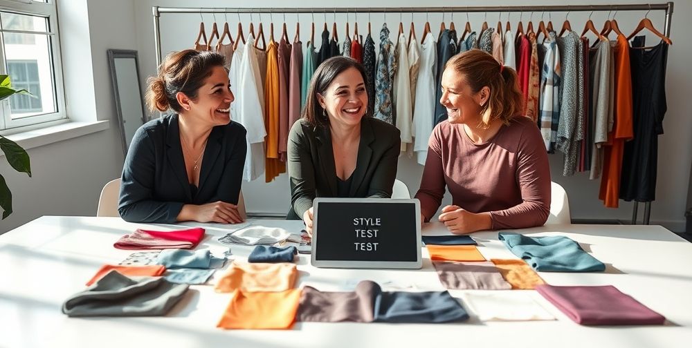 Two fashion designers consulting a client, fabric swatches spread on a stylish white table, digital tablet showing a style test result, laughter and relaxed atmosphere, rack of diverse clothes in background.