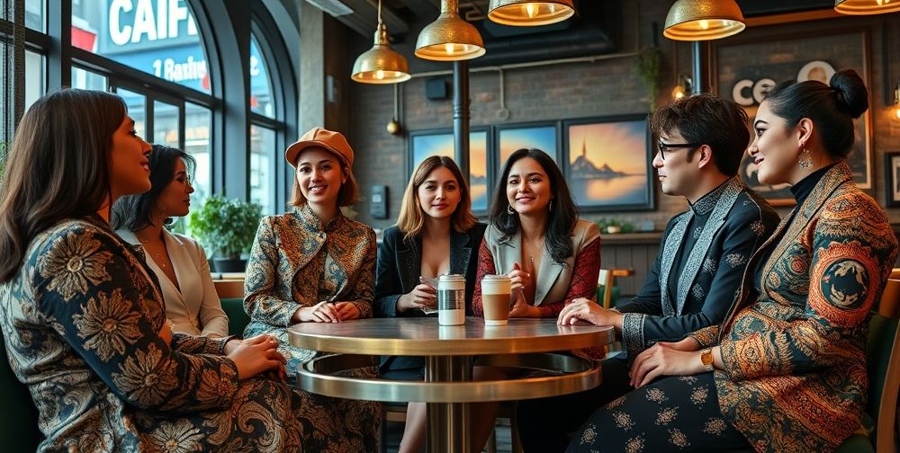 A group of confident Persian influencers gathered in a trendy urban café, each wearing bold conceptual fashion pieces, engaging in lively discussion, their expressive clothing and unique accessories symbolizing individuality and cultural fusion.