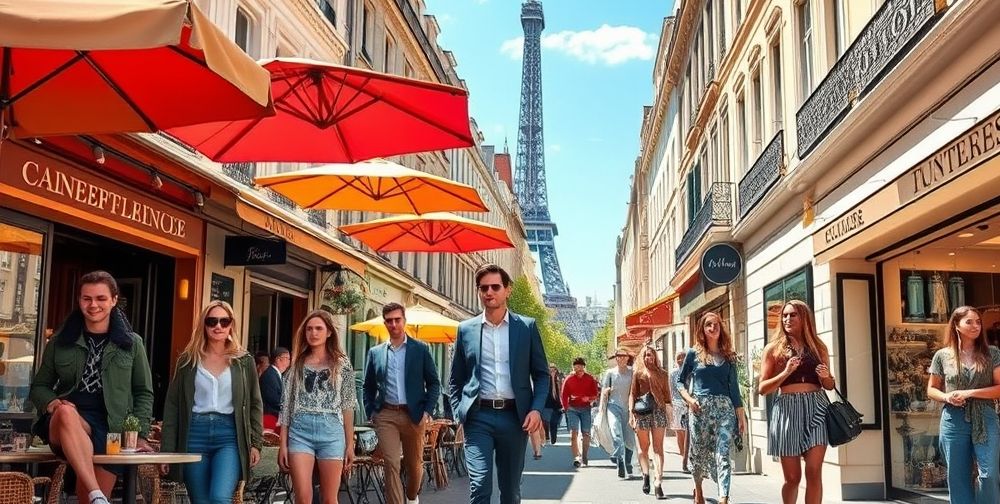 A lively Paris street scene in spring 2025, featuring stylish young men and women in chic but casual French-inspired streetwear, café umbrellas, chic boutiques, and the Eiffel Tower in the background.