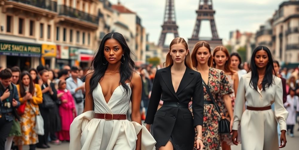 A chic Parisian runway in recent years featuring diverse models, vibrant multicultural urban backgrounds, contemporary and classic French fashion designs mingling, and the Eiffel Tower glimpsed in the distance.