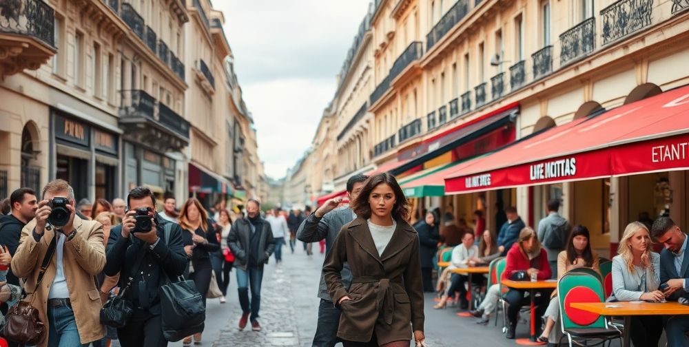 A bustling Parisian street during Fashion Week: stylish crowds, photographers, models in avant-garde attire, iconic Haussmann buildings, and vibrant cafe terraces filled with creative energy and street fashion diversity.