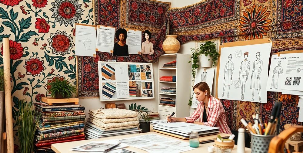 A closeup of a modern fashion designer’s studio with Persian patterns, moodboards full of cultural inspirations, eco-friendly textiles, and sketches discussing social or gender issues.