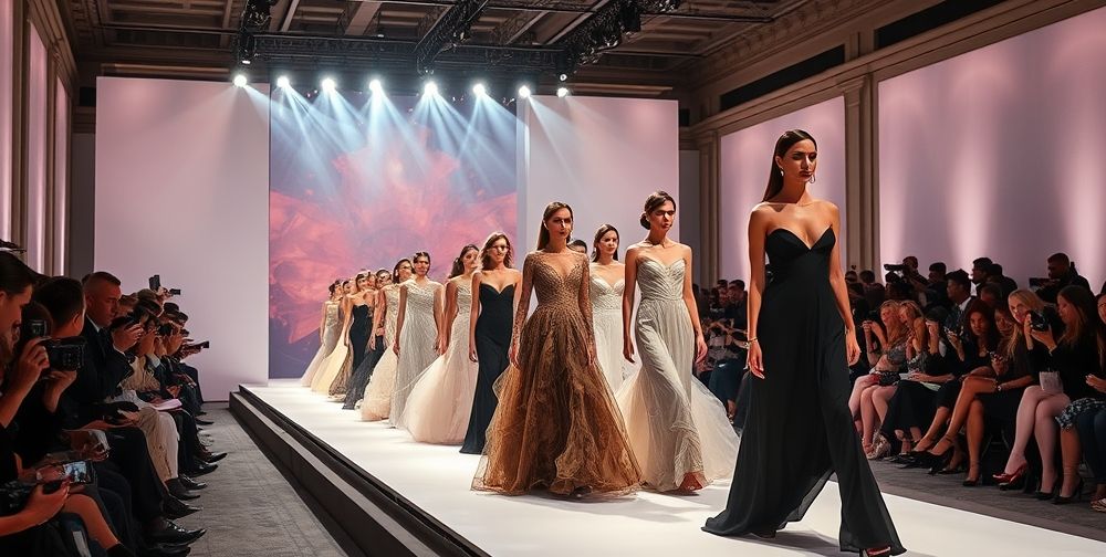 A grand Paris Fashion Week runway show, featuring avant-garde and classic couture dresses, elegant lighting, media photographers in action, and an audience of international celebrities and fashion editors admiring the seamless blend of artistic design and industrial precision.