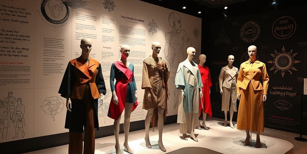 An avant-garde fashion exhibition with mannequins dressed in abstract, art-inspired outfits. Walls display sketches, poetry, and motifs from Persian culture, blending heritage and contemporary art.