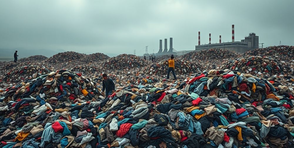 A landfill overflowing with discarded fast fashion clothes, under a cloudy sky, with nearby workers sorting textiles and a faded factory silhouette in the distance. The scene highlights environmental impact.