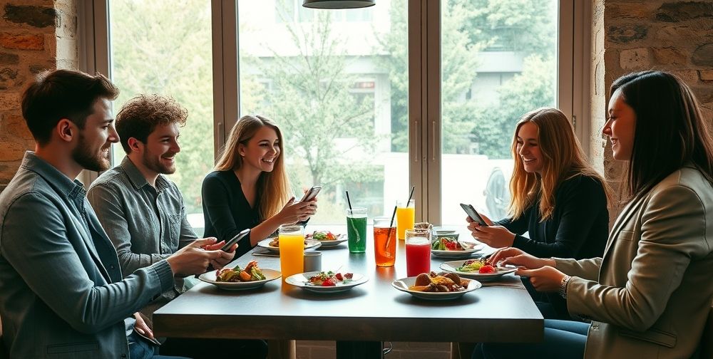 A group of young, fashion-forward men and women are sitting at a rustic, chic café table beside large windows, enjoying plates of colorful, healthy food and beverages while laughing and checking their smartphones, all in contemporary clothing.