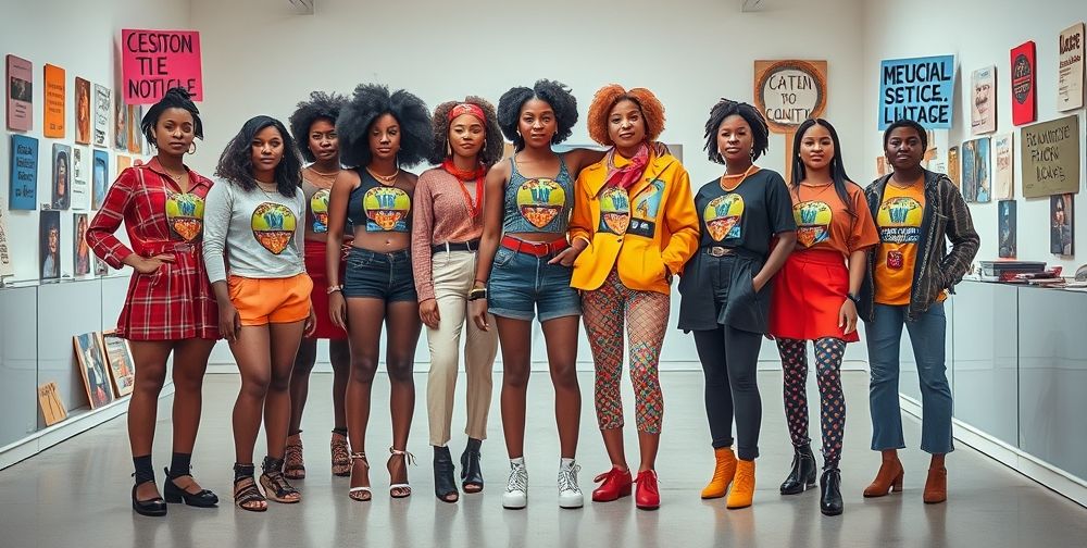 A group of diverse models from different cultural backgrounds wearing statement pieces that represent social justice movements, surrounded by a gallery of symbolic accessories and protest placards.