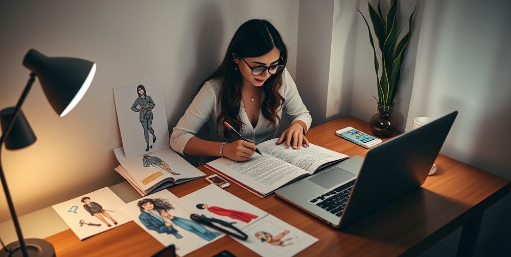 An intimate setting of a Persian fashion blogger writing a detailed article, fashion sketches and mood boards spread across a desk, with stylish modern accessories and a laptop displaying blog analytics.