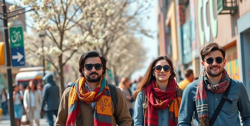 A contemporary Iranian street scene during spring, with young men and women wearing a blend of traditional motifs and modern global fashion, colorful scarves, trendy sunglasses, and vibrant city life, symbolizing cultural fusion.