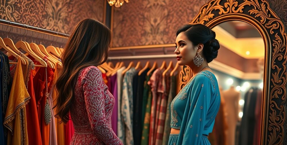 A soft-lit Persian dressing room scene with a stylish woman consulting a personal stylist, clothes racks with colorful dresses and accessories, and a large ornate mirror reflecting confidence.