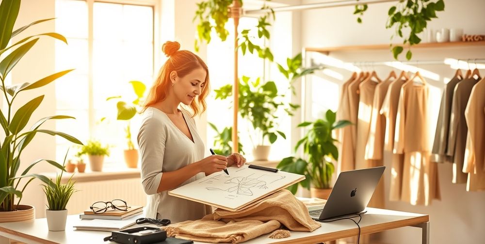 An optimistic, eco-conscious fashion designer sketching sustainable, conceptual clothing beside natural fabrics and digital devices, while greenery and sunlight fill a modern studio ambiance.