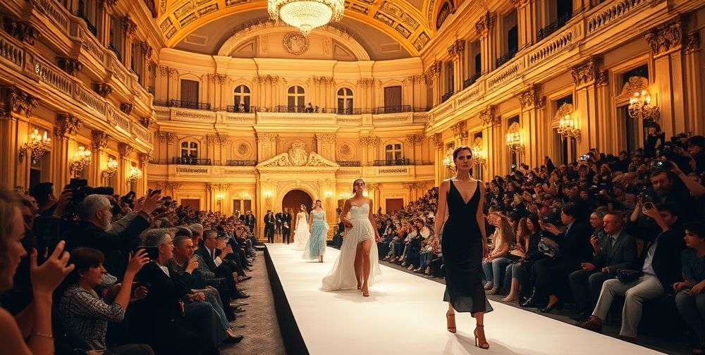 A grand Parisian fashion runway inside a historic opera house, with elegant models, lavish lighting, audience filled with fashion designers and celebrities taking photos, all exuding luxury and innovation.