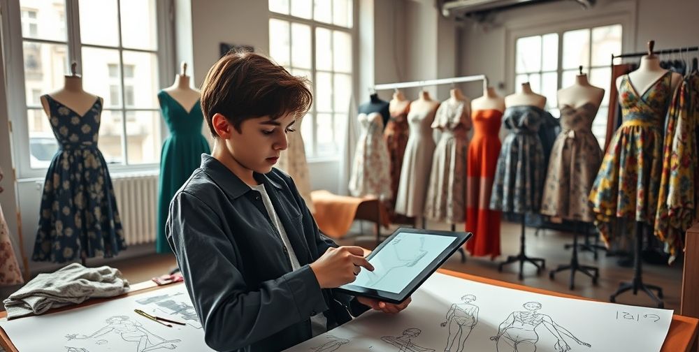 Young fashion designer using a digital tablet in a Paris atelier, surrounded by sustainable fabric swatches, mannequins, and hand-drawn sketches. Collaboration and creativity atmosphere.