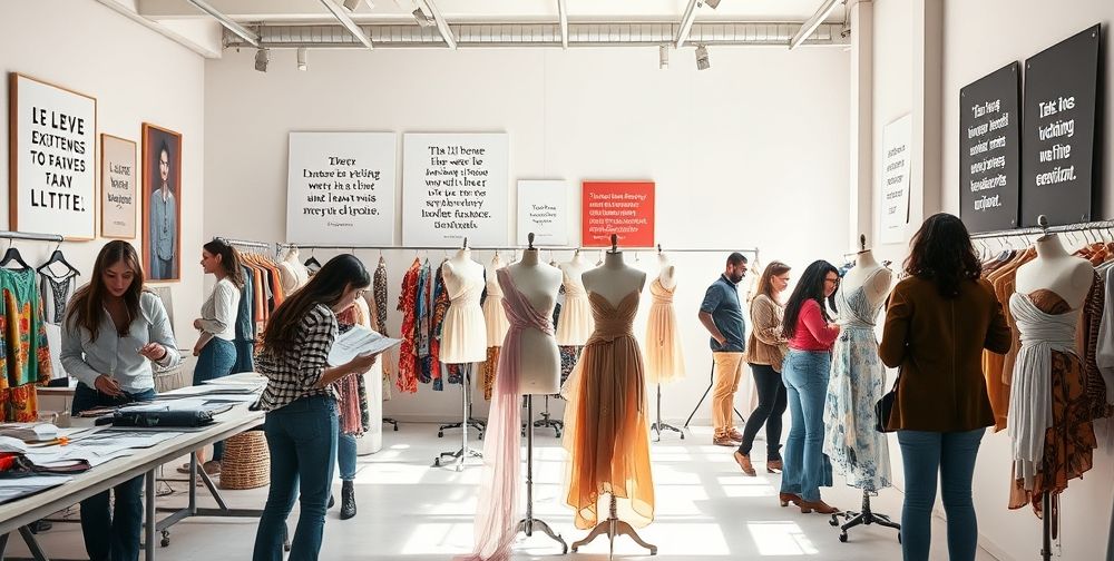 A bright, contemporary fashion studio with designers sketching clothing, colorful fabrics draped on mannequins, and mood boards filled with philosophical quotes about life and individuality. Natural daylight, creativity, and diversity are highlighted.