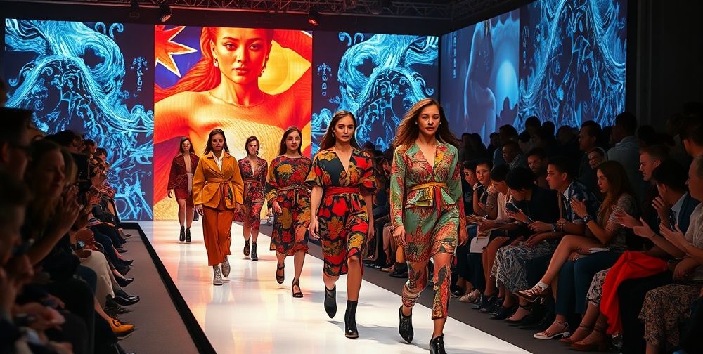 A modern Parisian fashion runway showcasing contemporary designers, models in eco-friendly innovative fabrics, vibrant artistic prints, a diverse audience, and a digital art installation in the background, blending French tradition with technological flair.