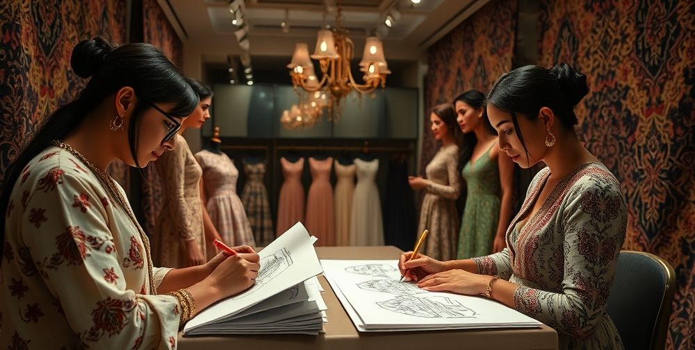 A fashion design studio with Iranian motifs on fabrics, designers sketching blends of Persian traditional and modern chic dresses under artistic lighting, capturing the creativity of international style fusion.