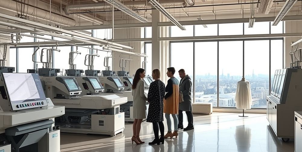 A modern eco-friendly French fashion factory with high-tech textile machinery, digital monitoring panels, and designers discussing sustainable fabrics by large windows with a view of Paris.