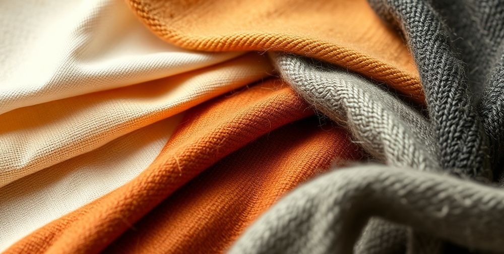 A close-up arrangement of color swatches, laid out on different cloth textures—linen, wool, and cotton. Each swatch represents a season: pastels for summer, earth tones for autumn, and dark shades for winter. The lighting highlights fabric and hue differences.