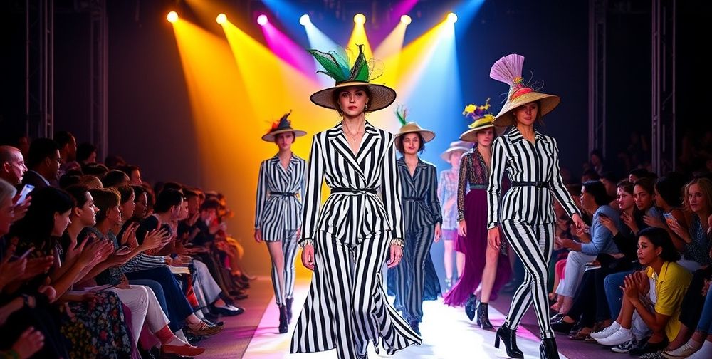 A runway show with energetic lighting, models in avant-garde Jean Paul Gaultier designs featuring bold stripes, unconventionally structured silhouettes, eccentric hats, and an interactive audience immersed in the artistic spectacle.