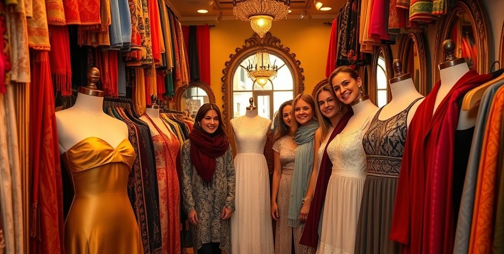 A cozy Persian boutique filled with colorful scarves, elegant dresses on wooden mannequins, soft golden lighting reflecting from mirrors, and customers smiling as they try on new outfits.