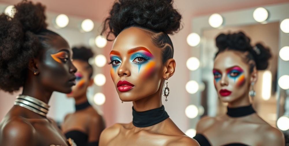 A contemporary beauty studio showing models with conceptual makeup—abstract shapes, vivid colors, and artistic accessories. The atmosphere is creative yet inviting, with soft pastel backdrops and well-lit mirrors.