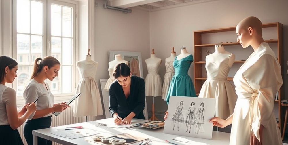 Chic Parisian design school classroom with international students sketching fashion illustrations, mannequins draped in luxurious fabrics, mentor giving hands-on advice, sunlit French windows in the background.