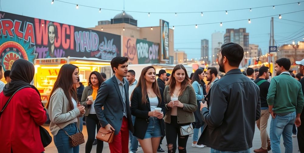 A stylish outdoor gathering in Tehran’s contemporary art district, young people wearing fashionable modern clothing, casually engaging in animated conversation, with urban murals, food trucks, and city lights in the background, reflecting social diversity and modern trends.